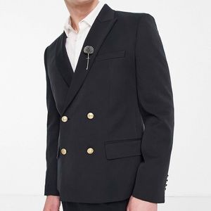 ASOS DESIGN Wedding skinny fit double breasted
blazer with gold buttons in black
